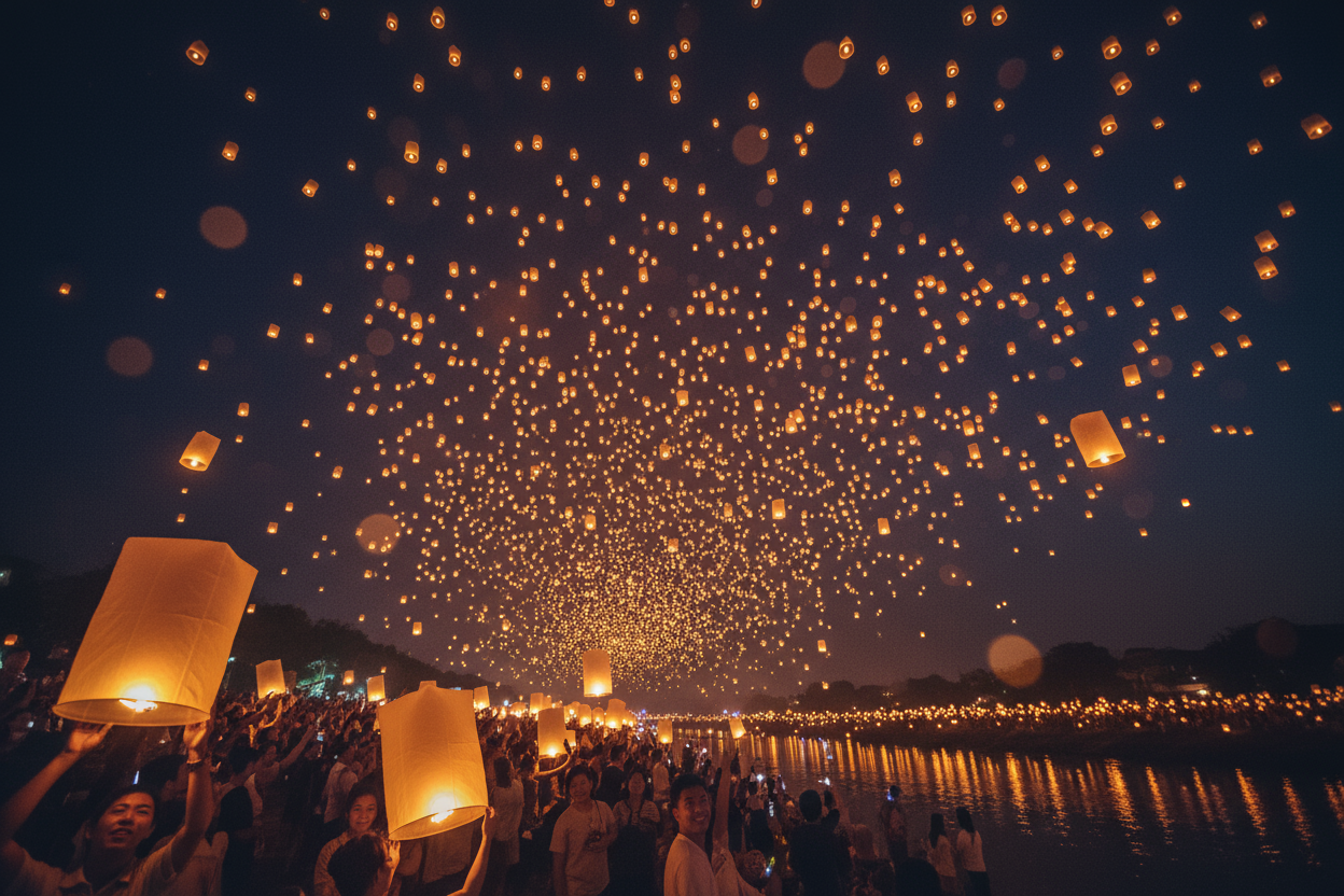 video durante el festival de farolillos de chiang mai donde millones de farolillos ascienden al cielo